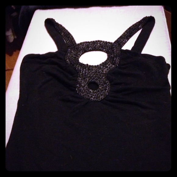 Black sequined peep hole tank top. - Picture 1 of 4