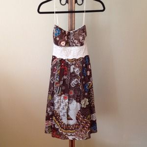 Brown print dress with cream lace belt