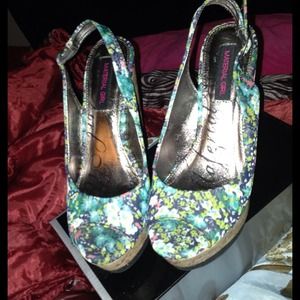 Platform wedged Open toe sling backs floral