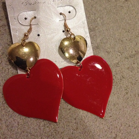 Lovely Red & Gold Heart Dangle Earrings