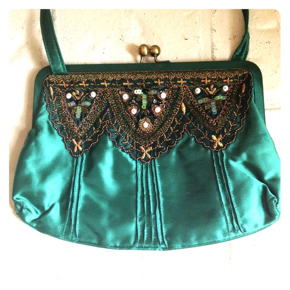 Teal satin vintage style cluch