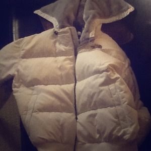 North face white down jacket with fur hood