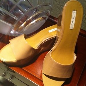 Beige patten leather slip on wedge