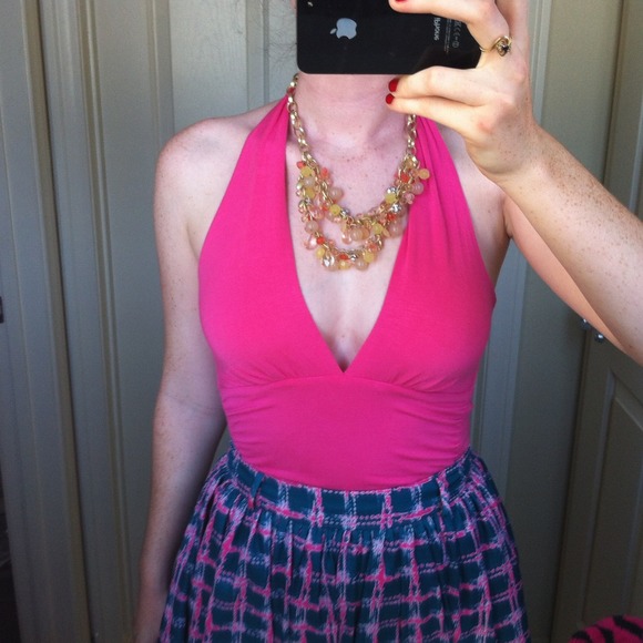 Flirty Pink Halter Top, Small. Deep v/plunge neck