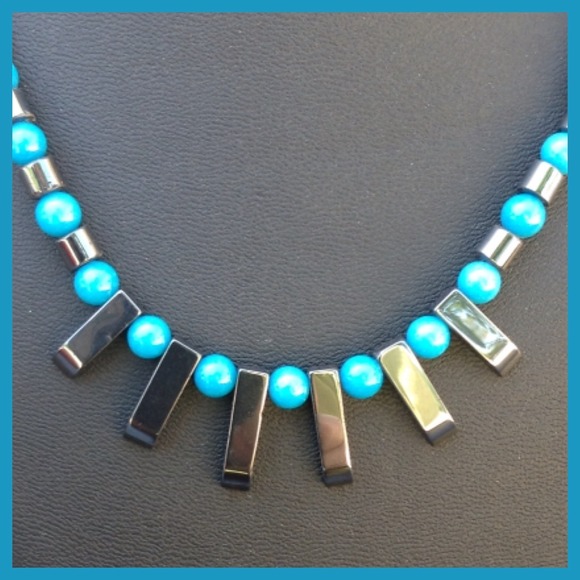 🎉Host Pick!🎉Hematite & Blue Fan Necklace - Picture 2 of 2