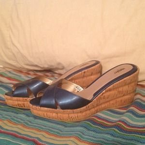 Navy blue/ tan wedges.