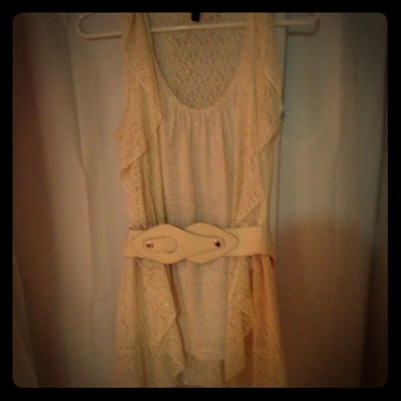 Khaki lace blouse with belt.