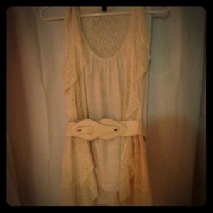 Khaki lace blouse with belt.