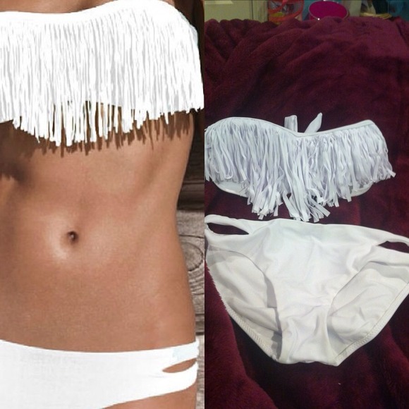 All white fringe bikini. Size M but runs small