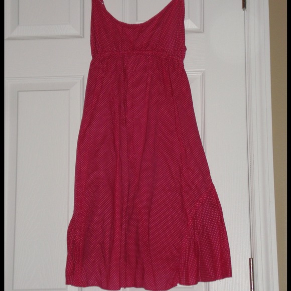 pink summer dress with white polka dots.