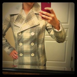 Blue grey and white plaid peacoat