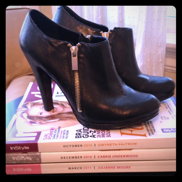 Black leather ankle booties with 4 inch heel