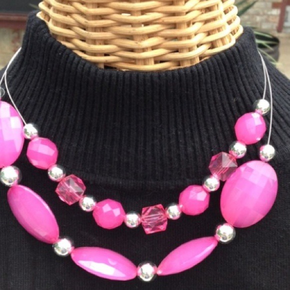 Pink and Silver Necklace with Matching Earrings