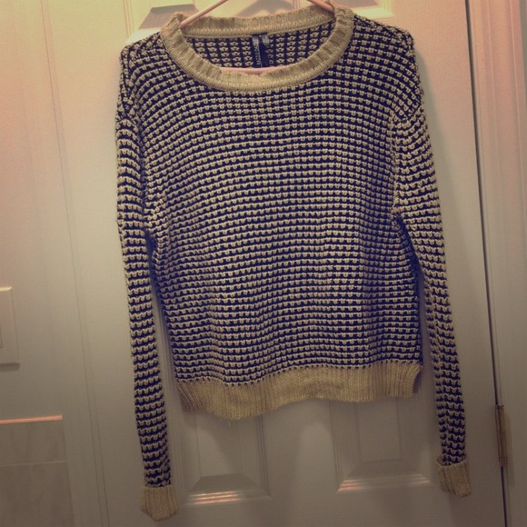 Knit navy blue and tan sweater