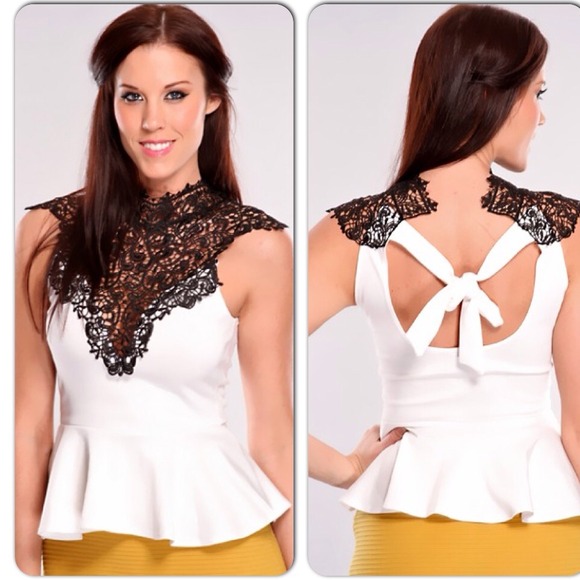 Tops - Sexy White Peplum Flowery Cut Out Top