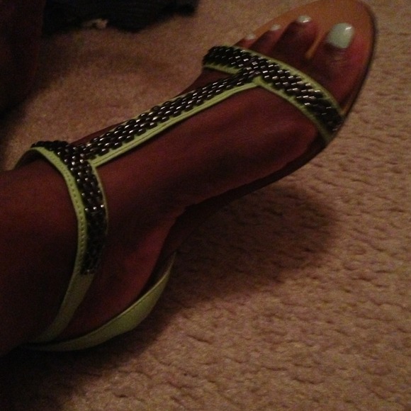 Miss me lime green and gun metal flat sandals
