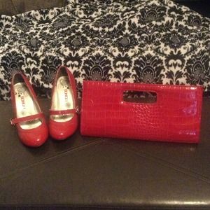 Red shoes ON RESERVE & red faux crocodile clutch