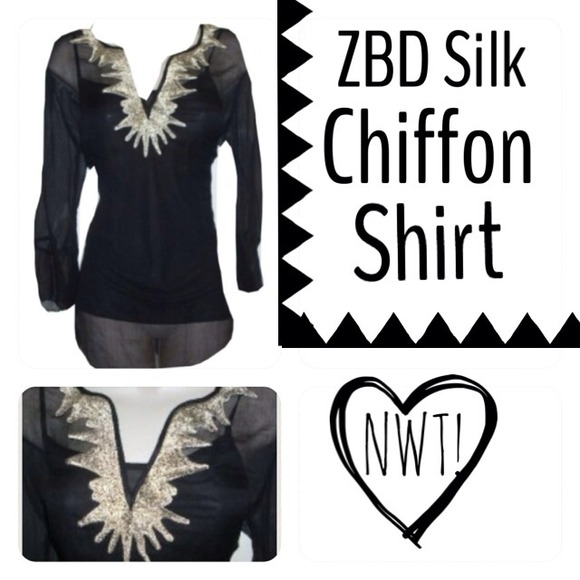 ZBD Designs Tops - ZBD Black & Gold Silk Chiffon Shirt Top Size 8