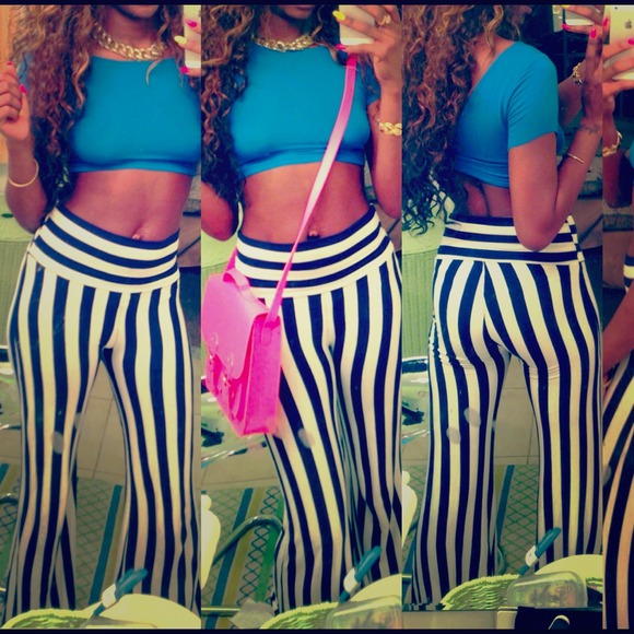 Navy blue striped flare pants