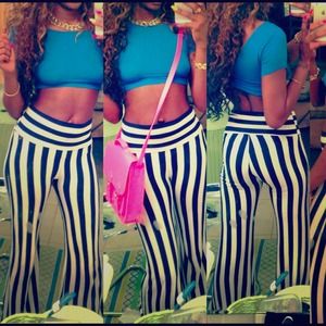 Navy blue striped flare pants