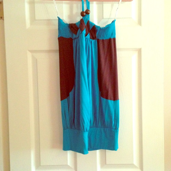 Turquoise and chocolate brown halter dress