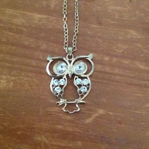 Long gold chain with big owl charm with gems