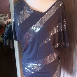 Unique grey, sequin accent t-asymmetrical neckline