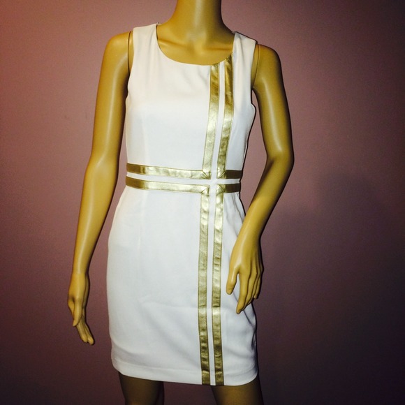 White with gold accent geometric dress