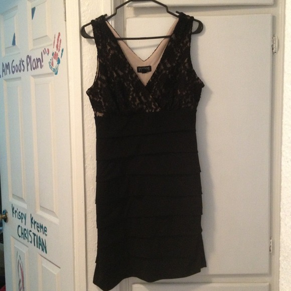 Lace top black dress.