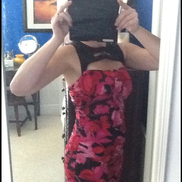 Rose print dress with black cut out neck