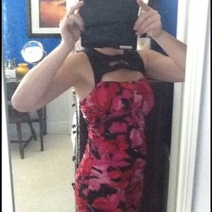 Rose print dress with black cut out neck