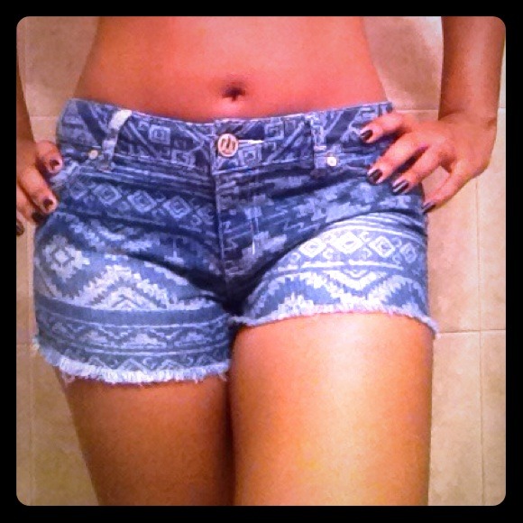 Tribal print denim shorts