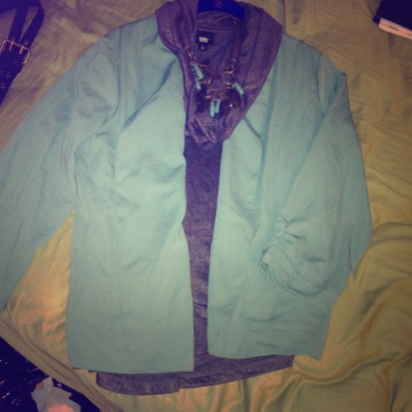 Grey, pin-striped, high-low top.