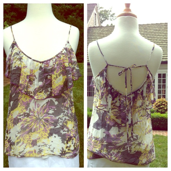 Floral open back blouse.  Ruffle neckline.