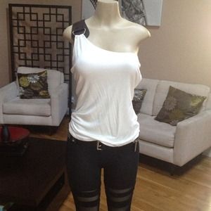 Light Beige Top w/ brown leather strap on shoulder