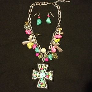 Bright, colorful cross necklace and earring set!