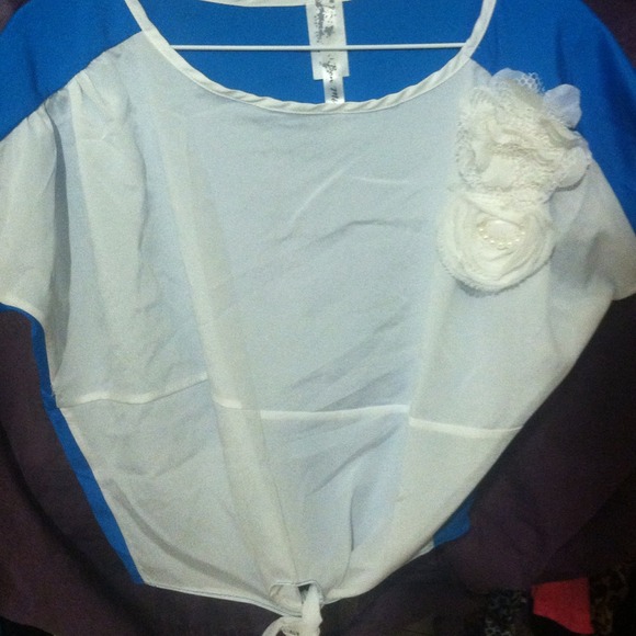 Blue an white crop top with flower brooch