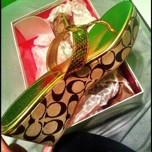 Coach Gold Wedge Sandals, New in box! Never worn