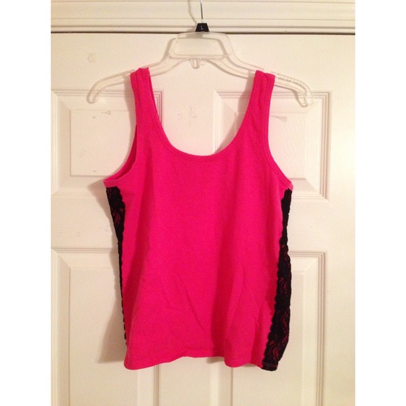 Tops - Hot Pink Crop Tank Top with Black Lace