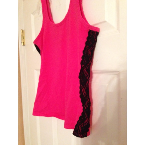 Hot Pink Crop Tank Top with Black Lace - Picture 2 of 2