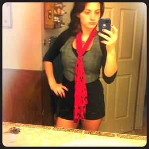 Black shirt grey vest pink scarf