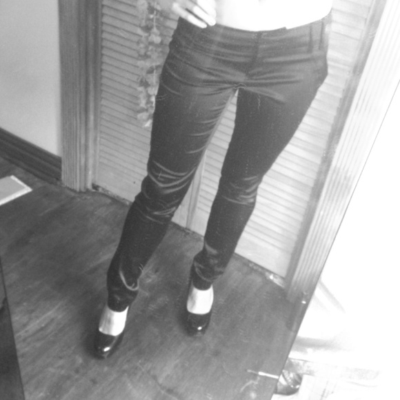 Black silk shiny skinny pants.