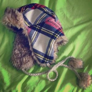 Plaid fuzzy trapper hat with pom poms