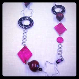 Long pink black and silver chained necklace...