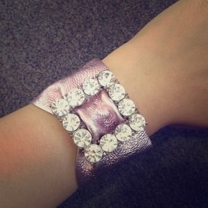 Metallic pink leather and rhinestone bracelet
