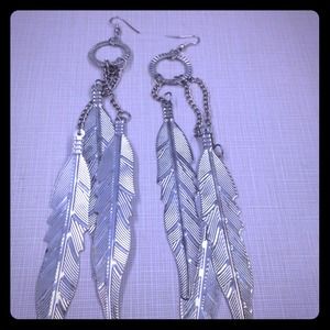 Silver long leaf earrings