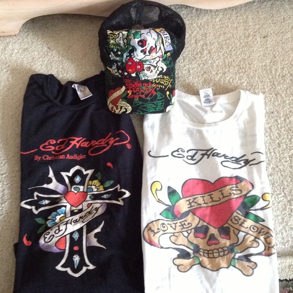 Authentic Ed Hardy 2 shirts and hat bundle