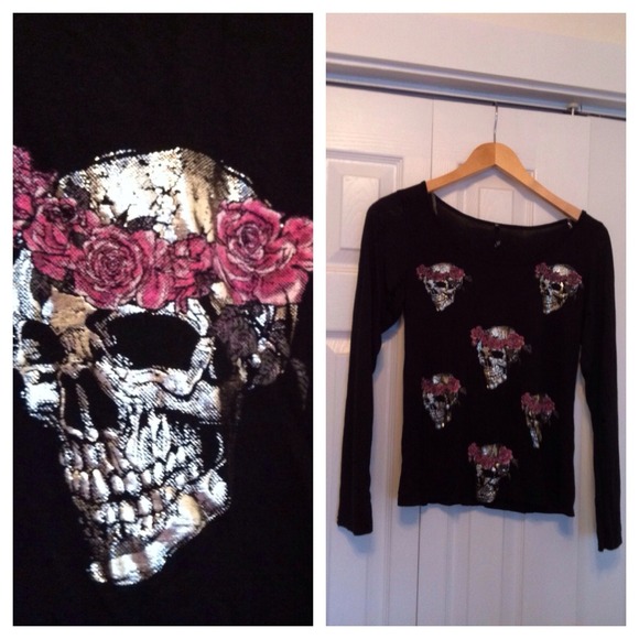 Metallic Skulls and Pink Roses long sleeve