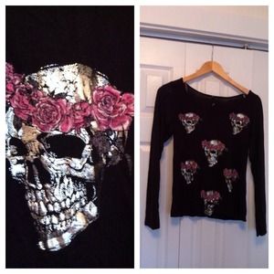 Metallic Skulls and Pink Roses long sleeve