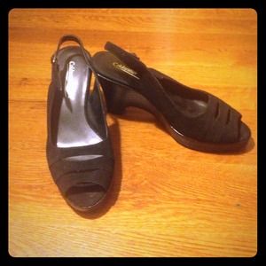 Black suede peep toe sling backs